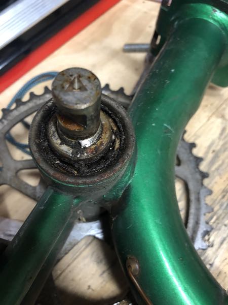 The bottom bracket looked no better. I was surprised the crankarm cotter came off pretty easily, but the bottom bracket looked like it was stuffed full of bog muck.