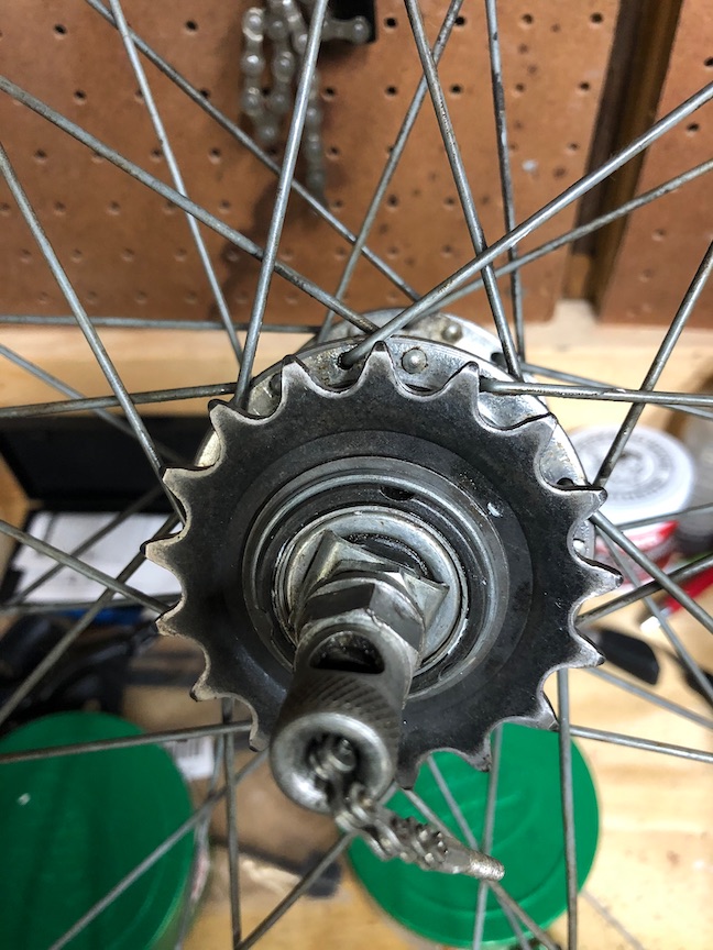And finally, the cleaned and re-lubed sprocket assembly re-installed. With that done (and the non-drive side bearings re-lubed and replaced, we just add some 30-weight old and we're done.
